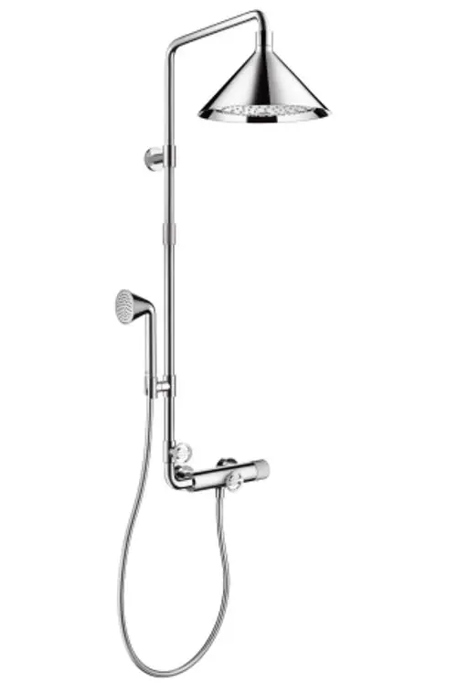 Chromatische Duscharmatur von AXOR mit Kopfbrause und Handbrause. Der Thermostat sorgt für eine präzise温度regelung.
